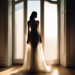 A young woman in a flowing, semi-transparent gown, standing in front of a bright, backlit doorway