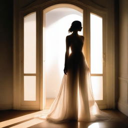 A young woman in a flowing, semi-transparent gown, standing in front of a bright, backlit doorway