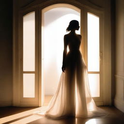 A young woman in a flowing, semi-transparent gown, standing in front of a bright, backlit doorway