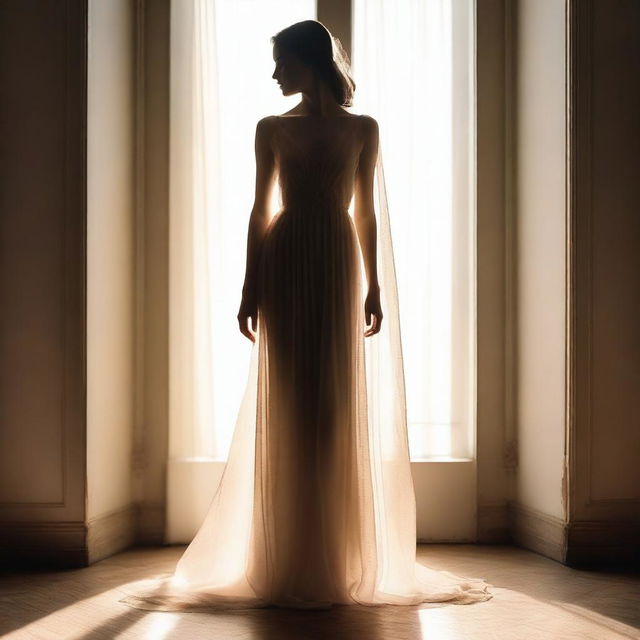 A young woman in a flowing, semi-transparent gown, standing in front of a bright, backlit doorway