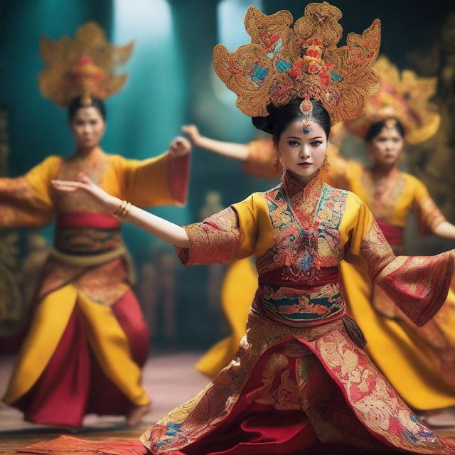 Create an artistic portrayal of a Malaysian heritage film focusing on Mak Yong