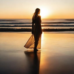 A blonde woman on a beach at sunset, the low sun behind her casting long shadows through her gauzy dress