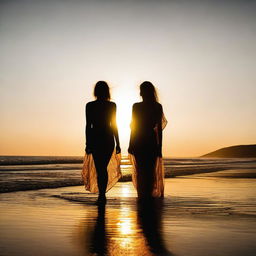 A blonde woman on a beach at sunset, the low sun behind her casting long shadows through her gauzy dress