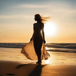 A blonde woman on a beach at sunset, the low sun behind her casting long shadows through her gauzy dress