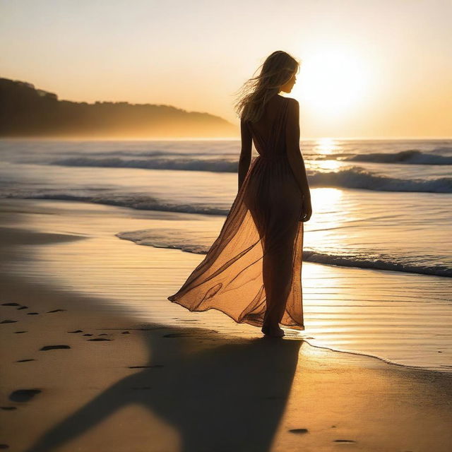 A blonde woman on a beach at sunset, the low sun behind her casting long shadows through her gauzy dress