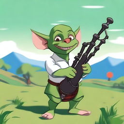 A goblin with green skin and red slicked-back hair, wearing a clean white tunic, playing bagpipes