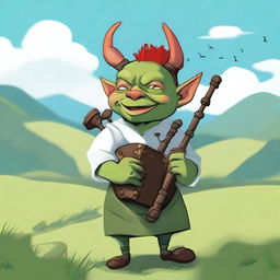 A goblin with green skin and red slicked-back hair, wearing a clean white tunic, playing bagpipes