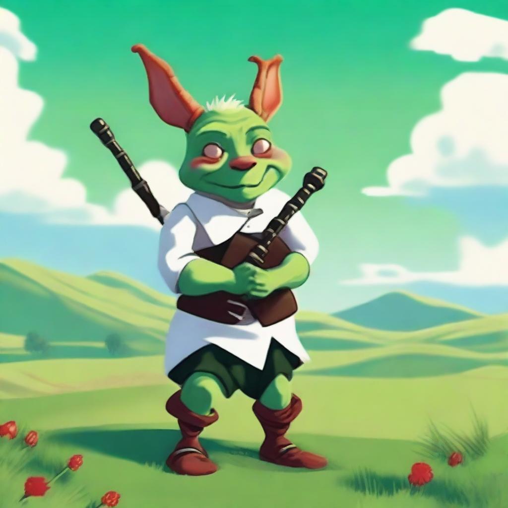 A goblin with green skin and red slicked-back hair, wearing a clean white tunic, playing bagpipes