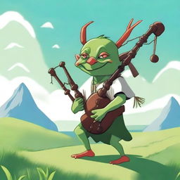 A goblin with green skin and red slicked-back hair, wearing a clean white tunic, playing bagpipes