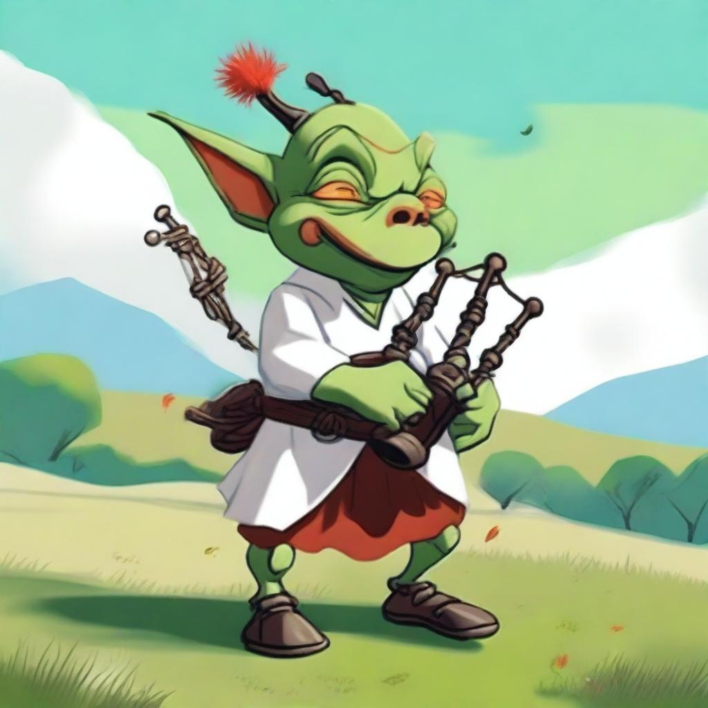 A goblin with green skin and red slicked-back hair, wearing a clean white tunic, playing bagpipes