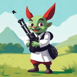 A goblin with green skin and red slicked-back hair, wearing a clean white tunic, playing bagpipes