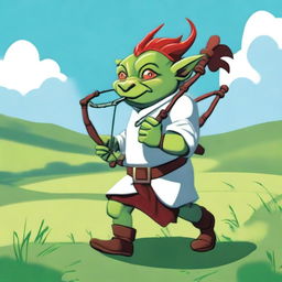 A goblin with green skin and red slicked-back hair, wearing a clean white tunic, playing bagpipes