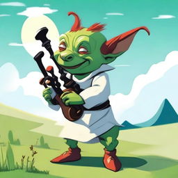 A goblin with green skin and red slicked-back hair, wearing a clean white tunic, playing bagpipes