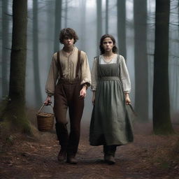 A photorealistic depiction of Jack and Jill as a young man and woman walking through dark woods