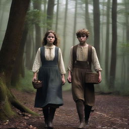 A photorealistic depiction of Jack and Jill as a young man and woman walking through dark woods