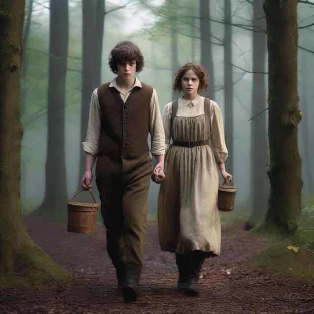 A photorealistic depiction of Jack and Jill as a young man and woman walking through dark woods