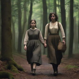 A photorealistic depiction of Jack and Jill as a young man and woman walking through dark woods