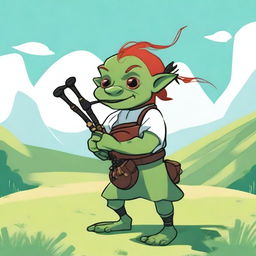 A goblin with green skin and long red slicked-back hair, wearing a clean white tunic and black pants, playing bagpipes