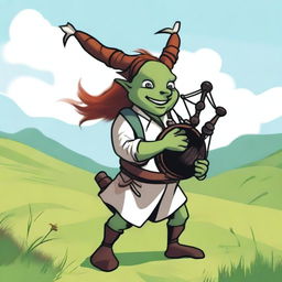 A goblin with green skin and long red slicked-back hair, wearing a clean white tunic and black pants, playing bagpipes