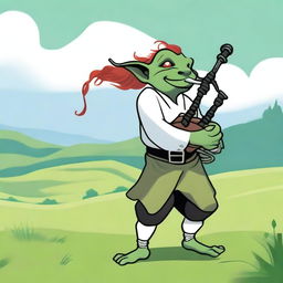 A goblin with green skin and long red slicked-back hair, wearing a clean white tunic and black pants, playing bagpipes