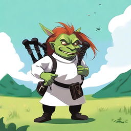 A goblin with green skin and long red slicked-back hair, wearing a clean white tunic and black pants, playing bagpipes