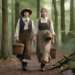 A photorealistic depiction of Jack and Jill as a young man and woman walking through the woods