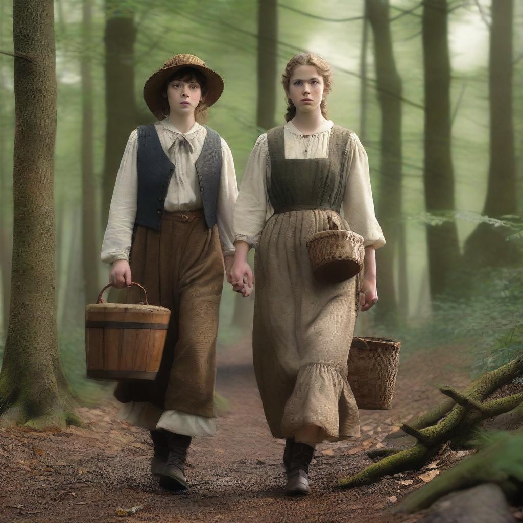 A photorealistic depiction of Jack and Jill as a young man and woman walking through the woods