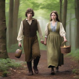 A photorealistic depiction of Jack and Jill as a young man and woman walking through the woods