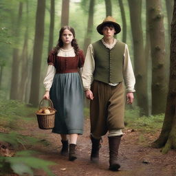 A photorealistic depiction of Jack and Jill as a young man and woman walking through the woods