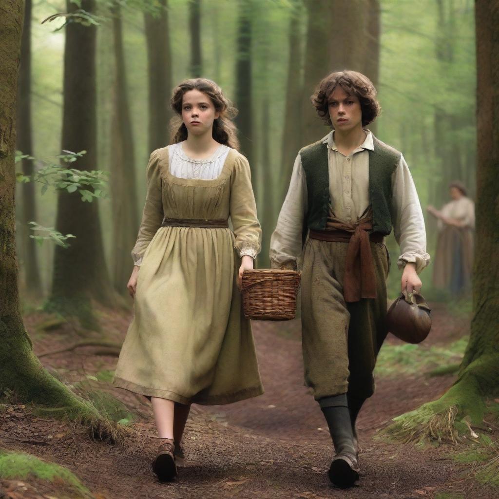 A photorealistic depiction of Jack and Jill as a young man and woman walking through the woods