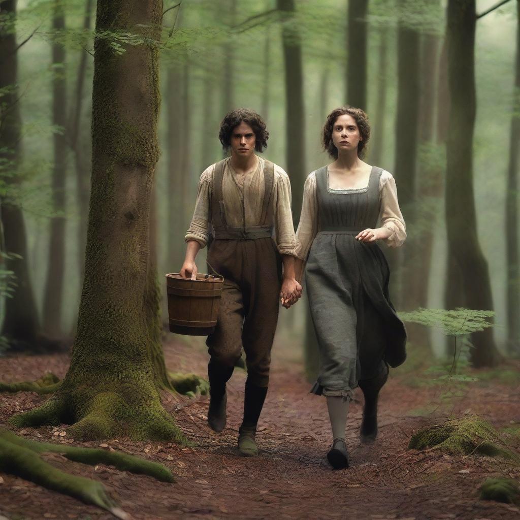 A photorealistic depiction of Jack and Jill as a young man and woman walking through the woods in the 1690s