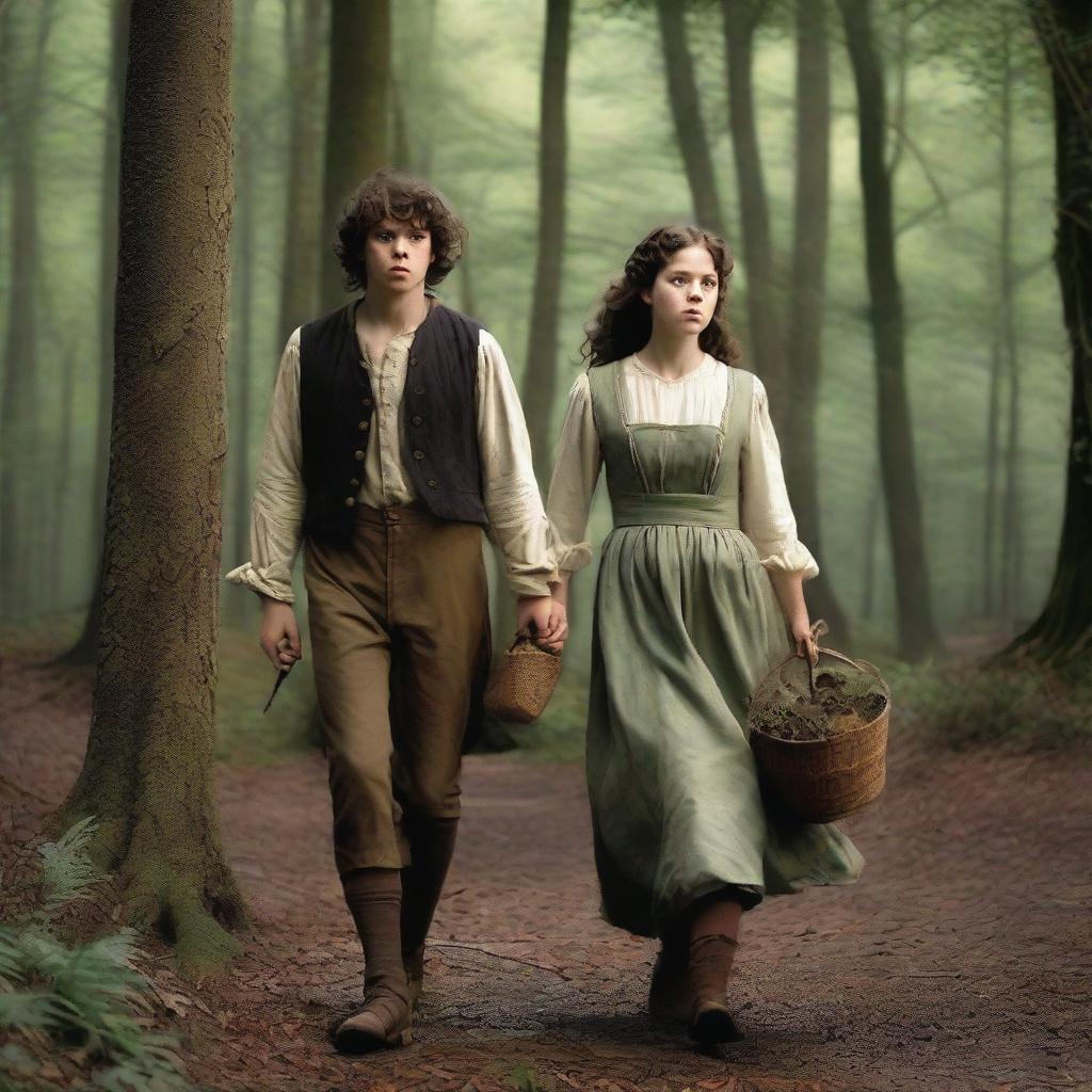 A photorealistic depiction of Jack and Jill as a young man and woman walking through the woods in the 1690s