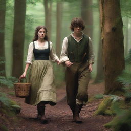 A photorealistic depiction of Jack and Jill as a young man and woman walking through the woods in the 1690s