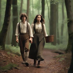 A photorealistic depiction of Jack and Jill as a young man and woman walking through the woods in the 1690s