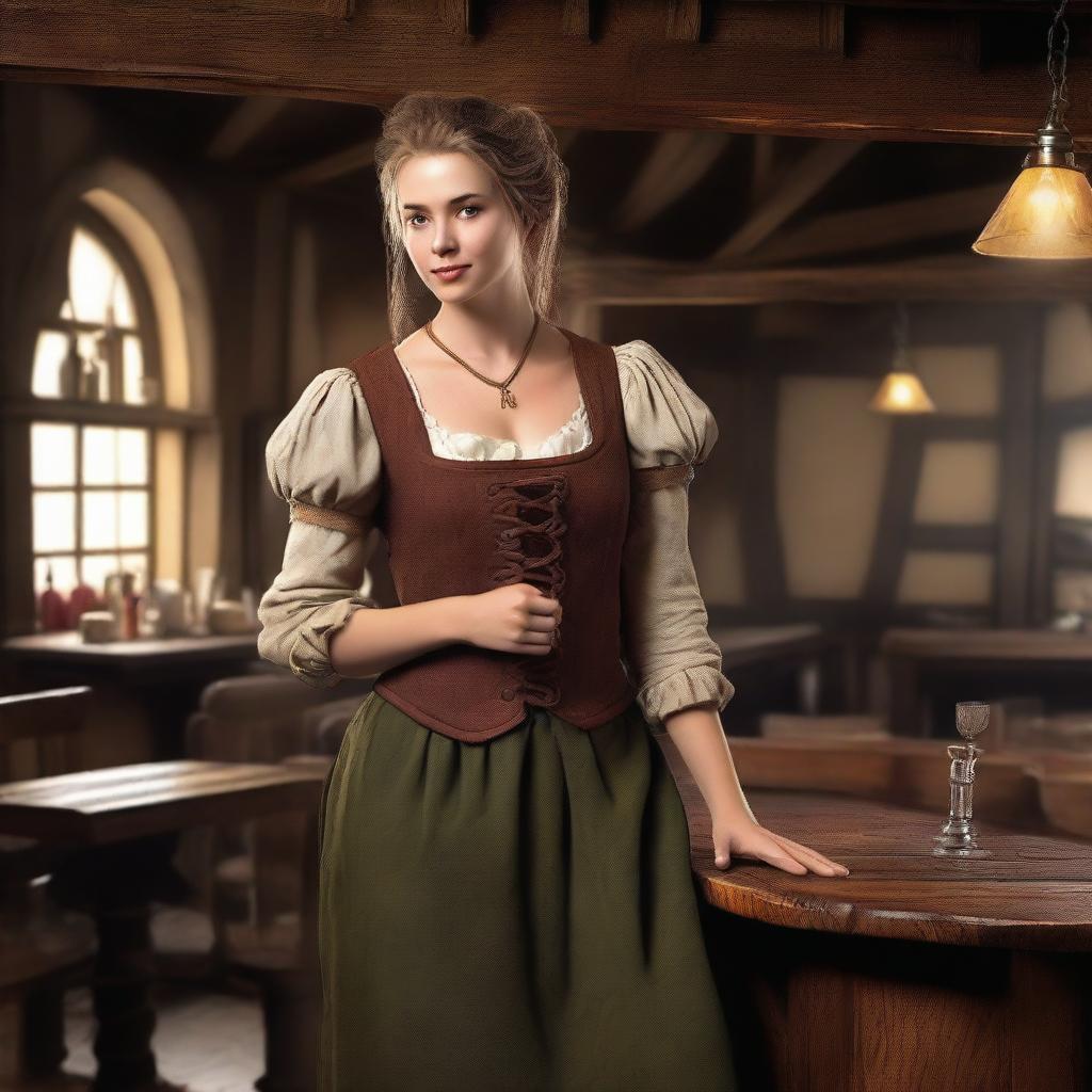 Create an image of a woman who appears slightly older, standing inside a rustic tavern