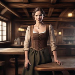 Create an image of a woman who appears slightly older, standing inside a rustic tavern