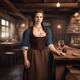 Create an image of a woman who appears slightly older, standing inside a rustic tavern