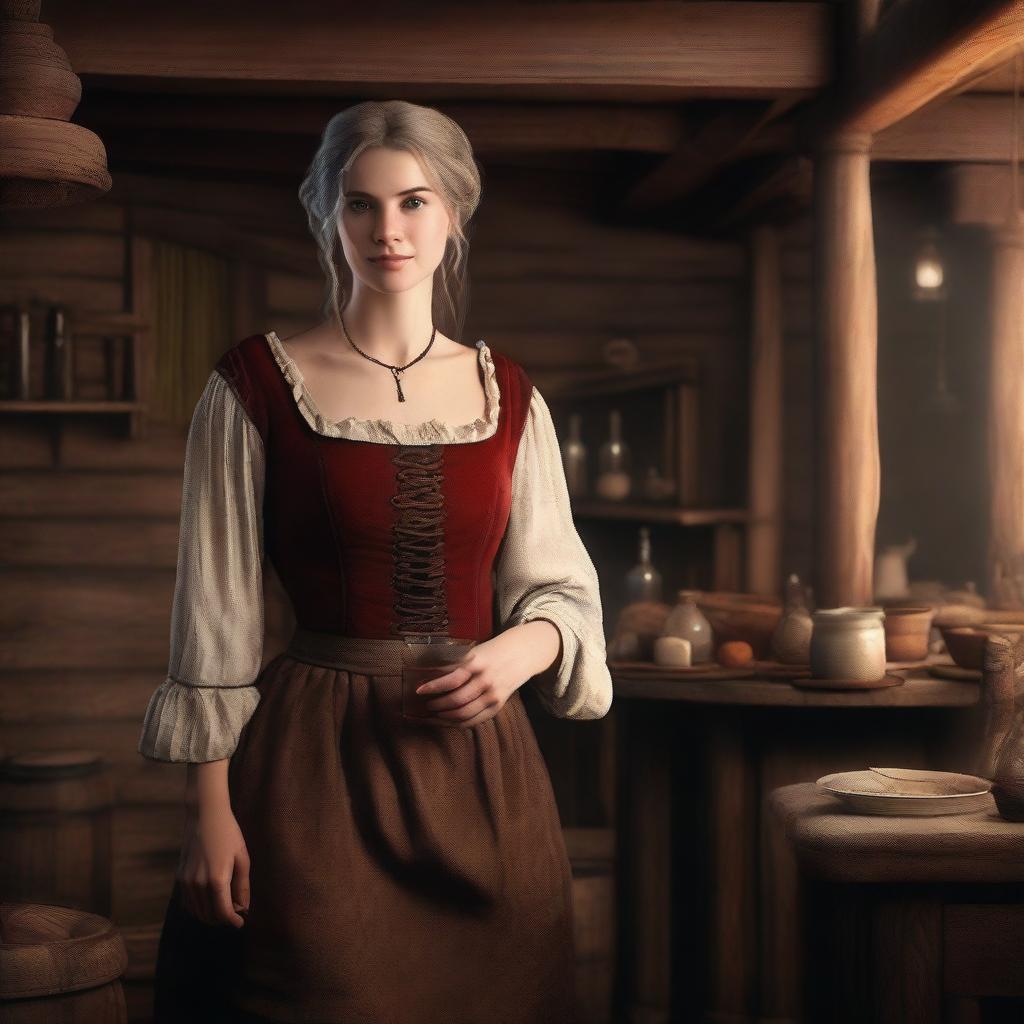 Create an image of a woman who appears slightly older, standing inside a rustic tavern