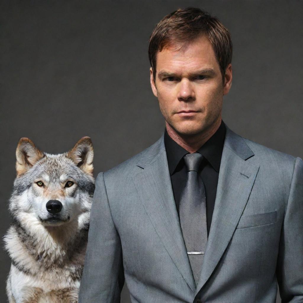 A detailed portrait of Dexter Morgan, from the show 'Dexter', standing beside a gray wolf, who is amusingly dressed in a sophisticated suit