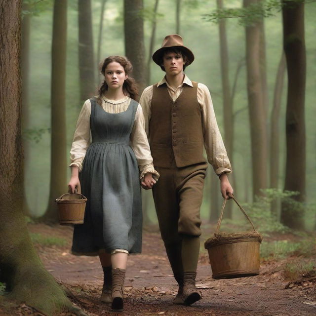 A photorealistic depiction of Jack and Jill as a young man and woman walking through the woods in the 1690s