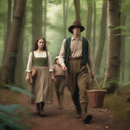 A photorealistic depiction of Jack and Jill as a young man and woman walking through the woods in the 1690s