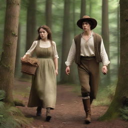 A photorealistic depiction of Jack and Jill as a young man and woman walking through the woods in the 1690s