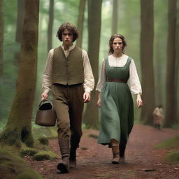 A photorealistic depiction of Jack and Jill as a young man and woman walking through the woods in the 1690s