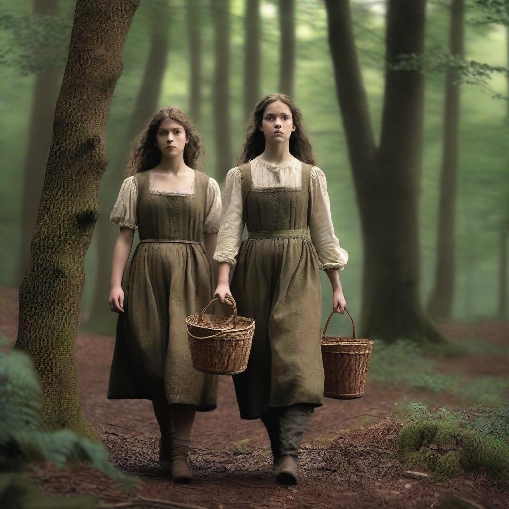 A photorealistic depiction of Jack and Jill as a young man and woman walking through the woods in the 1690s