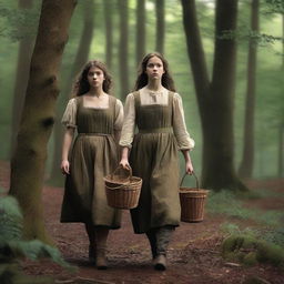 A photorealistic depiction of Jack and Jill as a young man and woman walking through the woods in the 1690s