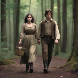 A photorealistic depiction of Jack and Jill as a young man and woman walking through the woods in the 1690s