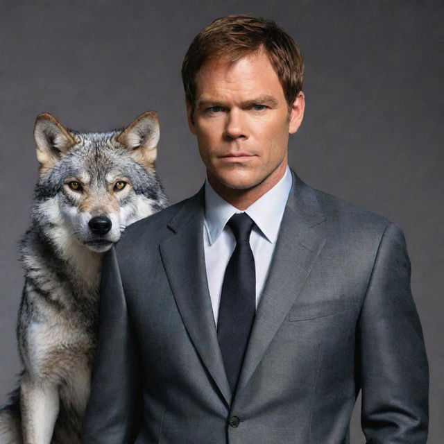 A detailed portrait of Dexter Morgan, from the show 'Dexter', standing beside a gray wolf, who is amusingly dressed in a sophisticated suit