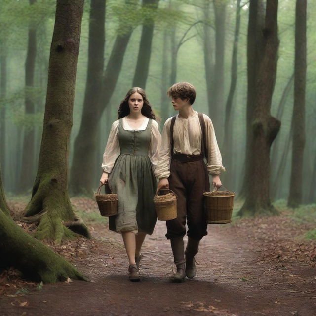 A photorealistic depiction of Jack and Jill as a young man and woman walking through the woods in the 1690s