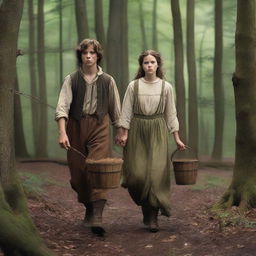 A photorealistic depiction of Jack and Jill as a young man and woman walking through the woods in the 1690s