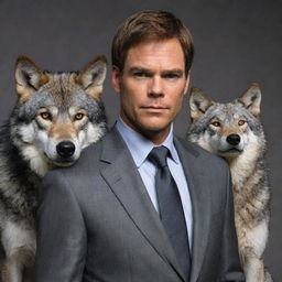 A detailed portrait of Dexter Morgan, from the show 'Dexter', standing beside a gray wolf, who is amusingly dressed in a sophisticated suit